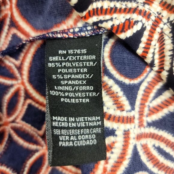 Chetta B Sleeveless Navy Orange Geometric Sheath Dress Gold Ring Detail Size 18 - Picture 4 of 9